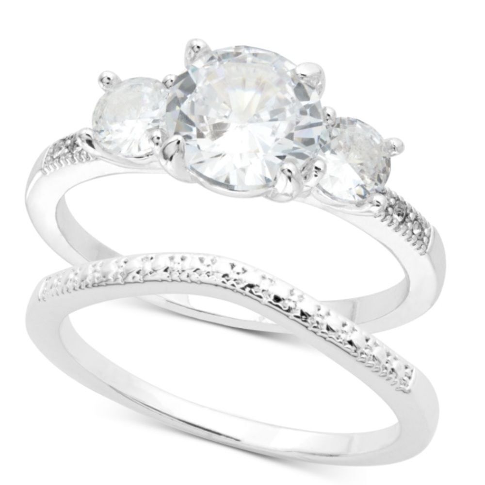 NWT Charter Club Silver-Tone CZEngagement Ring & Wedding Band Bridal Set size 9